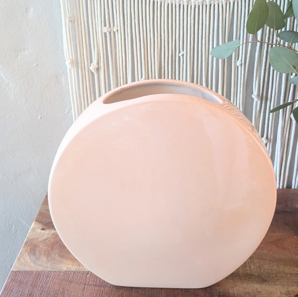 Vintage Ceramic Organic Modern Disc Coin Round Vase – 80s 90s – 10.5